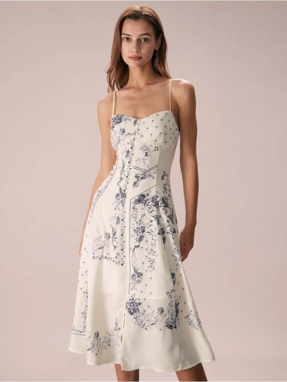 NWT Rihoas Beige Floral Split Hem Slip Midi Dress.